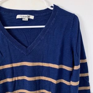 Forever 21 Navy Beige Striped V-neck Sweater